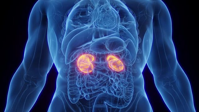 3d rendered medical animation of the kidneys of a human male