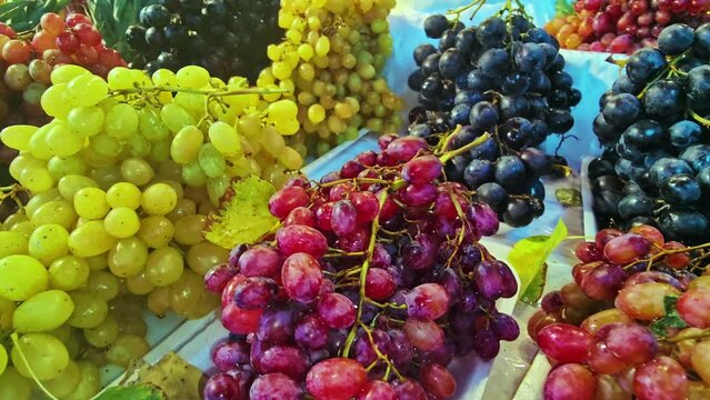 Grape Bunch of Different Colors on the Market Counter Footage.
