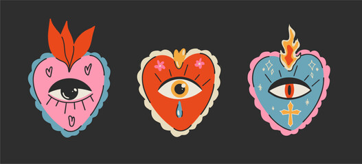 Sacred Mexican heart, my heart. Heart with eye and pattern. Cartoon style. Hand drawn color postcard. Love romantic concept. Fashion vector illustration.