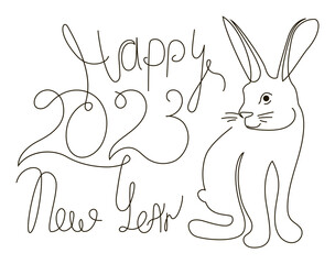 Happy New Year 2023 template and the symbol of the year - a rabbit in a continuous line style. Design for banner, greeting card, brochure or print. Stock vector illustration