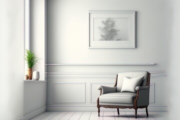 Interior Has A Armchair On Empty White Wall Background.