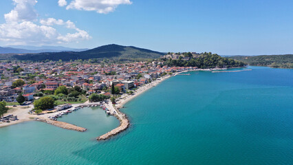 Fototapeta na wymiar Aerial drone photo of iconic medieval castle built in small hill overlooking city of Vonitsa, Ambracian gulf, Greece