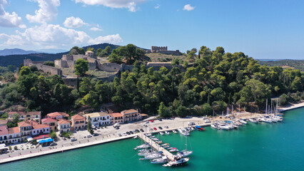 Aerial drone photo of iconic medieval castle built in small hill overlooking city of Vonitsa, Ambracian gulf, Greece