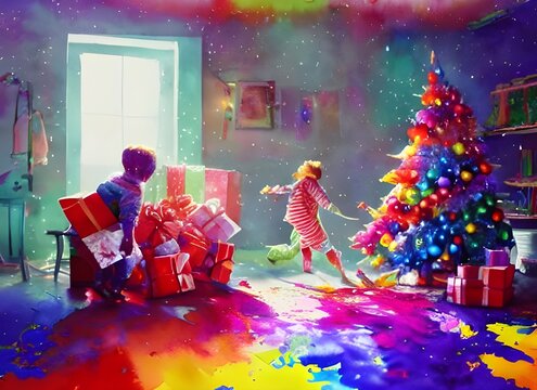 The Children Are Tearing Open Their Presents With Abandon, Paper And Ribbons Flying Everywhere. They Laugh And Squeal With Delight As They Discover What Santa Has Brought Them.