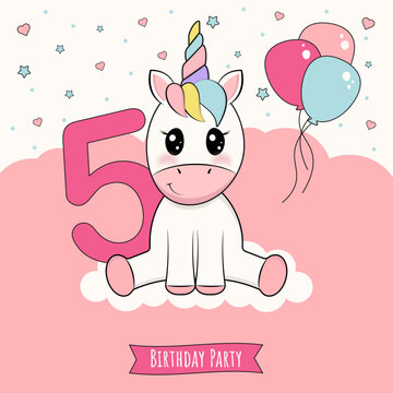 Birthday invitation with little unicorn, 5 years old. Vector illustration.