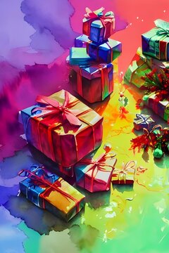 The picture is of a bunch of presents under a christmas tree. The gifts are wrapped in different colored paper and have bows on them.