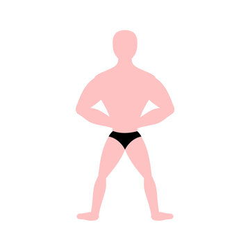 Man with triangle body shape. Male portrait with rectangular figure type. Slim slender person in trunks with straight proportion, physique. Flat vector illustration isolated on white background