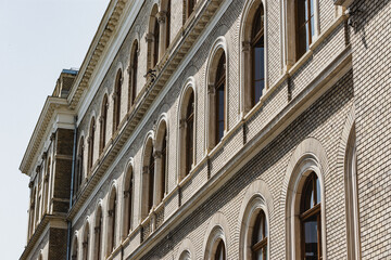 Vintage European building design made of bricks. Interwar architecture design