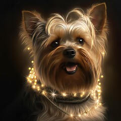 Naklejka premium Yorkshire terrier portrait, with the golden chain of Christmas lights 