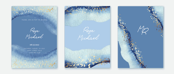 Set of verical backgrounds with blue, turquoise watercolor texture. Water, ink texture imitation. Golden lines, splatters. Festive design for card, invitation, brochure, voucher.