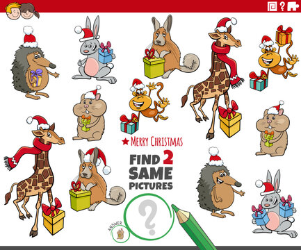 find two same cartoon animal characters with Christmas presents