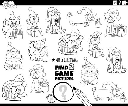 Find Two Same Cartoon Pets Characters On Christmas Coloring Page