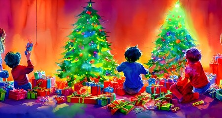 Obraz na płótnie Canvas The kids are excitedly tearing open their presents. They shout with joy as they discover what Santa has brought them. Their faces are lit up with happiness and there's a pile of wrapping paper on the 