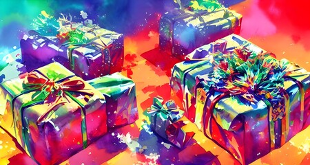 The presents are wrapped in shiny paper and tied with big bows. They are piled high under the Christmas tree, which is decorated with twinkling lights.