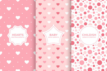 Cute childish set of 3 vector seamless pattern. Collection of backgrounds for baby. Stock illustration - 548845334