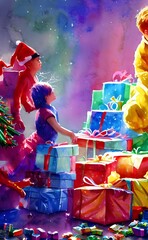 The kids are excitedly tearing open their Christmas gifts. They eagerly rip off the wrapping paper to see what's inside.