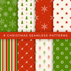 Set of Christmas and New Year seamless patterns in bright red and green colors. Simple fashion backgrounds. Vector illustration - 548845363