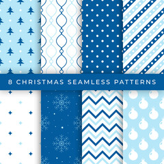 Collection of Christmas and New Year seamless patterns in blue and white colors. Flat fashion backgrounds. Vector illustration - 548845369