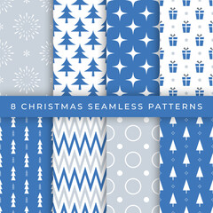Set of blue New Year and Christmas vector seamless patterns. Global colors, easy to edit. Stock design illustration