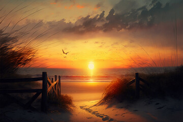 Sunset at the beach - illustration, oil painting style
