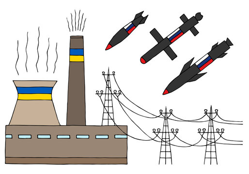 Russian missiles bomb Ukrainian energy infrastructure. Massive Russian strikes target energy grid in Ukraine. Freehand drawing. Doodle. Hand Drawn. Outline.	