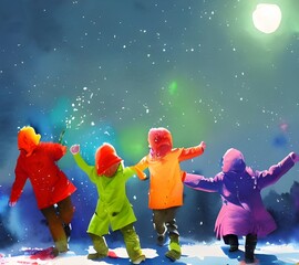 The kids are throwing snowballs and having a great time in the winter wonderland. They are laughing and enjoying themselves while their cheeks turn red from the cold.
