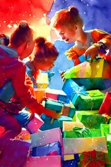 The kids are eagerly tearing off the wrapping paper to see what Santa has brought them. They laugh and cheer as they find their favorite toy or game inside the brightly-colored boxes.