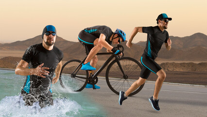 Triathlon sport collage. Man running, swimming, cycling for competition race
