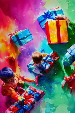 The Kids Are Excitedly Ripping Open Their Christmas Gifts. They Shout With Joy As They Discover What's Inside Each Box.