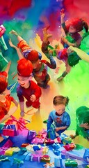 The kids are excitedly tearing open their presents on Christmas morning. They shout with joy as they discover what's inside each box.Wrapping paper is flying everywhere in the frenzy of opened gifts.