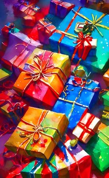 The picture shows a few different christmas gifts. There are wrapped presents under the tree, and some spilled out onto the ground. The bright colors of the wrapping paper contrast with the green of t
