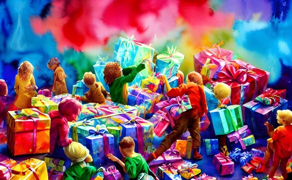 The kids are eagerly tearing open their presents. Some have already started to play with their new toys. There's laughter and excitement in the air.