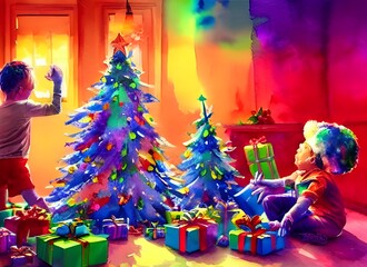 Obraz na płótnie Canvas The kids are sitting in a circle around the Christmas tree. They all have looks of excitement on their faces as they rip open their gifts. Some of the presents are boxes filled with clothes, while oth