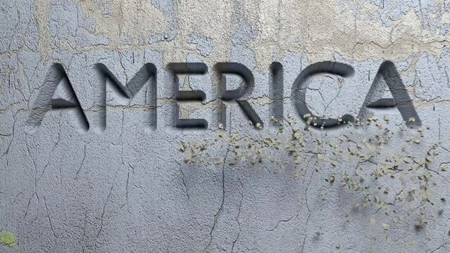 AMERICA FIRST word carved in stone wall animation
