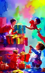 The kids are tearing open their Christmas gifts with excited expressions on their faces. They're ripping the wrapping paper off and throwing it everywhere in their haste to see what's inside the boxes