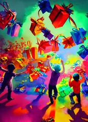 The kids are tearing open their presents eagerly, throwing wrapping paper aside in their haste. Their faces are lit up with excitement and happiness as they discover what Santa brought them.