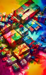 Fototapeta na wymiar There are wrapped presents under the Christmas tree, each with a different brightly-colored bow. some are small and rectangular, others large and round. There is one gift in particular that catches yo