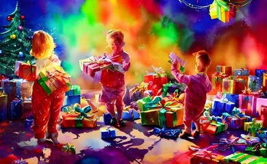 The kids are opening up their Christmas gifts and they look so excited. They're tearing off the wrapping paper and pulling out the toys one by one. There's a big pile of presents next to them, and it 