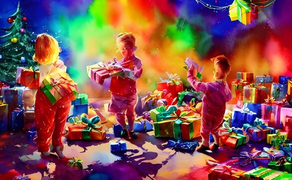 The Kids Are Opening Up Their Christmas Gifts And They Look So Excited. They're Tearing Off The Wrapping Paper And Pulling Out The Toys One By One. There's A Big Pile Of Presents Next To Them, And It 