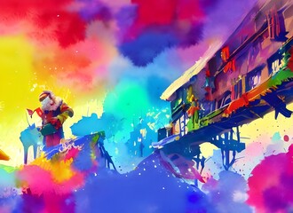 Thin ribbons of snow are falling gently from the sky, covering the ground in a fuzzy white blanket. Against this backdrop, colorful presents sit clustered under a Christmas tree, each wrapped tightly 