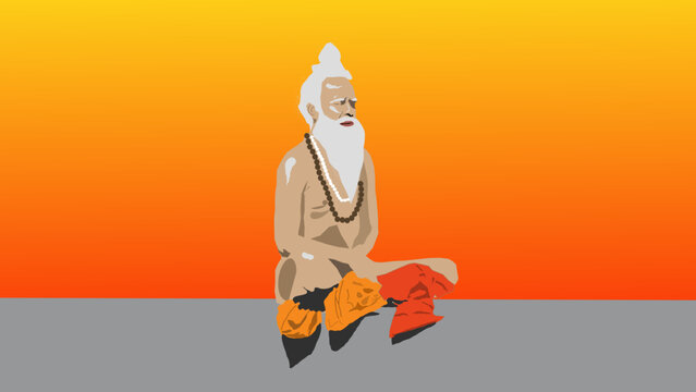 Anciano indio con barba larga y pelo blanco y cuerpo desnudo, sentado meditando sobre un fondo de amanecer anaranjado. Shadu sentado y meditando con collares.