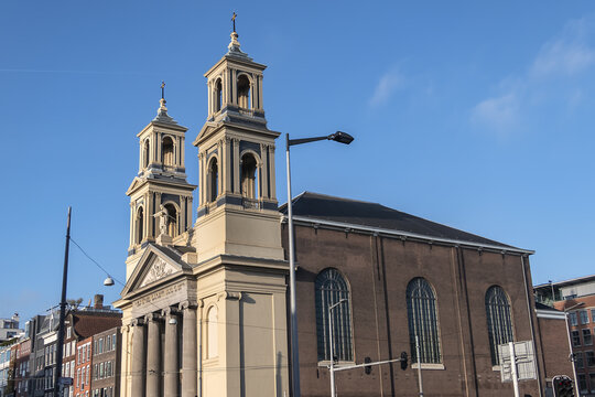 Moses and Aaron Church (Mozes en Aaronkerk) at Waterlooplein neighborhood is officially Roman Catholic Church of St. Anthony of Padua (Sint-Anthoniuskerk, 1841). Amsterdam, The Netherlands.