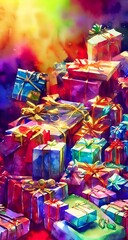 Fototapeta na wymiar I see wrapped presents under the tree, with a few straggling gifts still to be placed underneath. Wrapping paper and ribbons are strewn about, as if a tornado ripped through the room. But despite the 