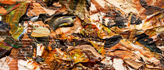 Macro. Abstract art. Expressive embossed pasty oil paints and reliefs. Colors: yellow, white, ocher, brown, green.