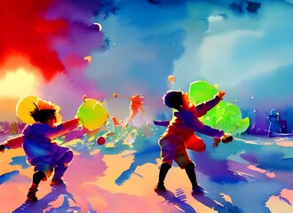 The kids are throwing snowballs at each other and laughing. The ground is covered in a layer of fresh, white snow.