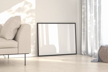 Obraz na płótnie Canvas Interior mockup - Living room with sofa and wicker basket. One blank picture frame leaning to the wall.