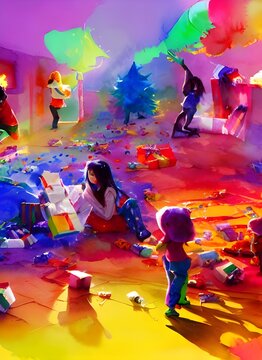 The kids are tearing into their presents with abandon, ripping the wrapping paper off in haste. They're excited to see what's inside and can't wait to start playing with their new toys.
