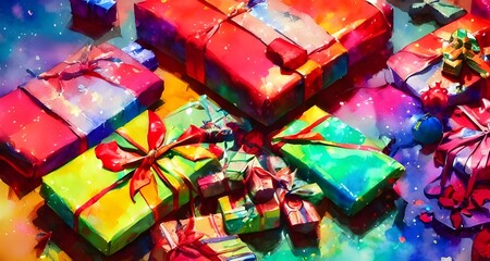The picture is of wrapped presents under a Christmas tree. The gifts are different sizes and colors, with some having ribbons and bows on them.