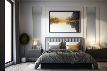 Realistic Modern Double Bedroom With Furniture And A Frame