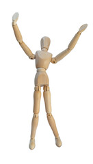 Articulated wooden human figure opening arms.